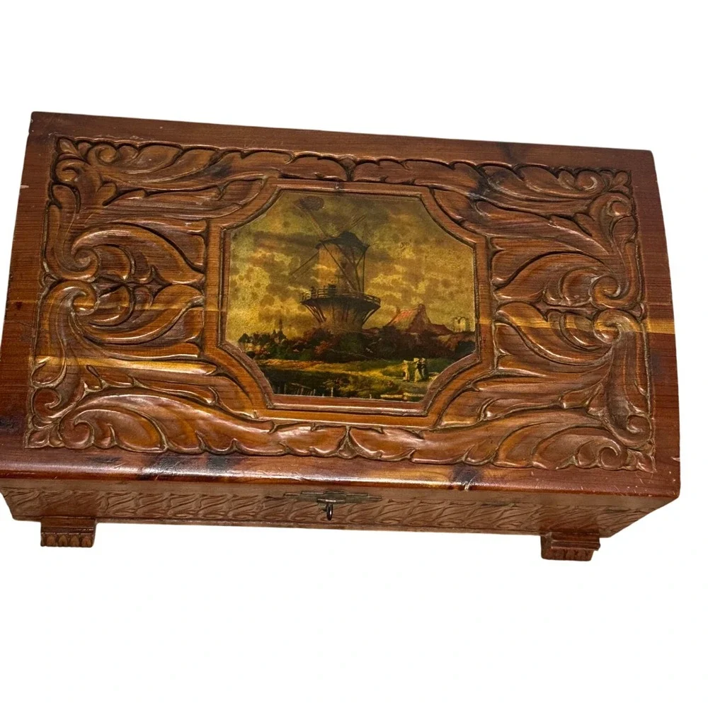 Vintage Hand Carved Cedar Wood Jewelry Box etched Mirror Windmill Footed 50s